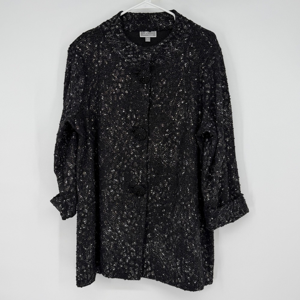 JM Collection Woman Black Silver Sequin Textured Button Front Jacket Plus‎ 1X